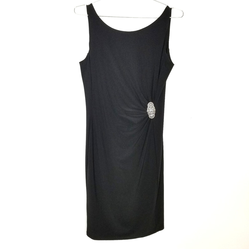 Lauren Ralph Lauren Evening Formal Little Dress Sz 12 Black Brooch Lined Stretch